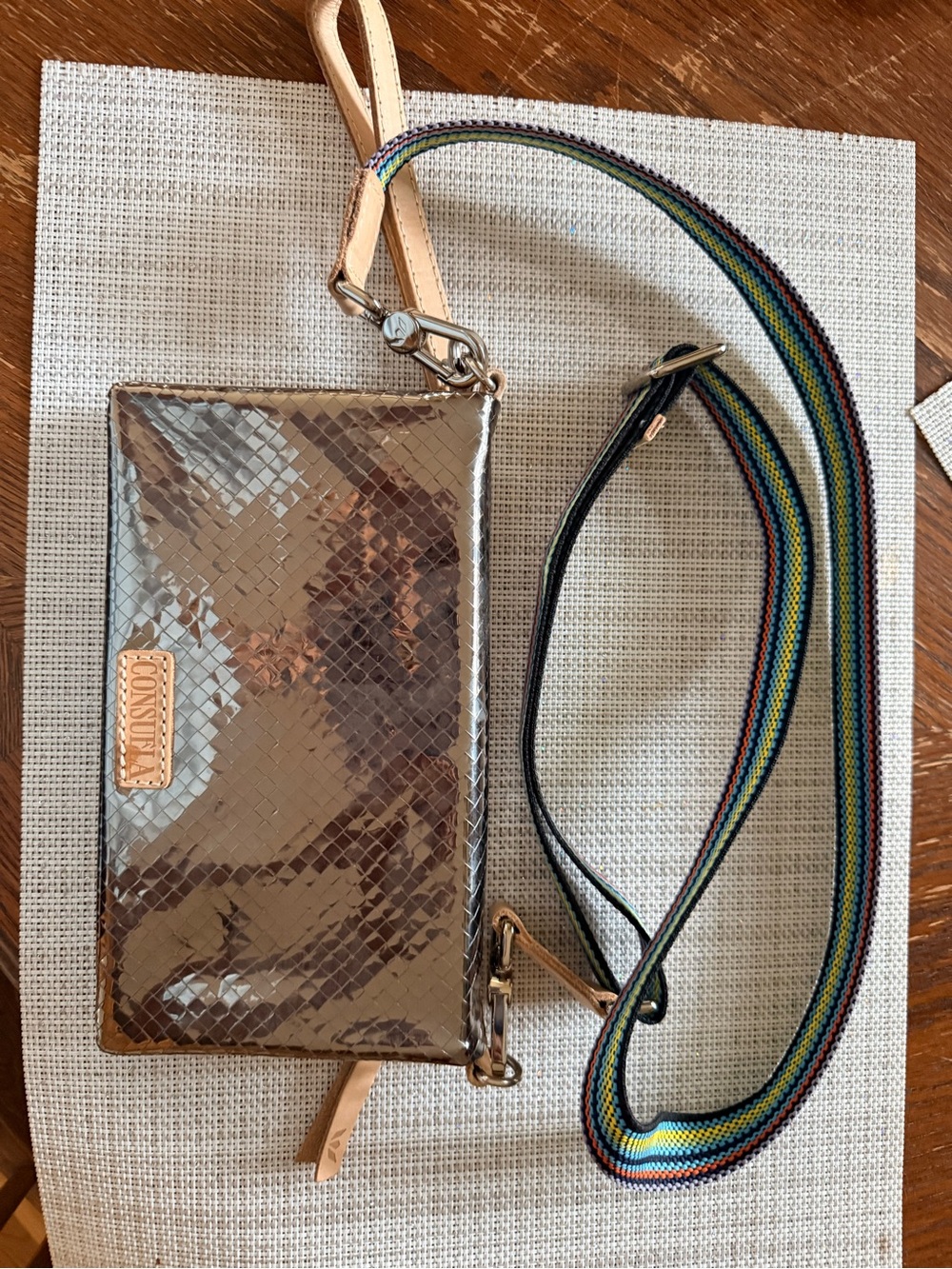 Consuela Metallic Bronze Crossbody with Multicolor Strap